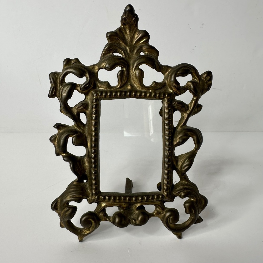 Vintage Ornate Small Picture Frame Heavy Metal Scrollwork Swing Arm Glass